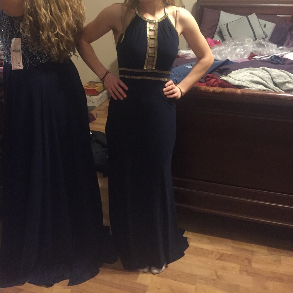 Navy blue prom dress with gold beading